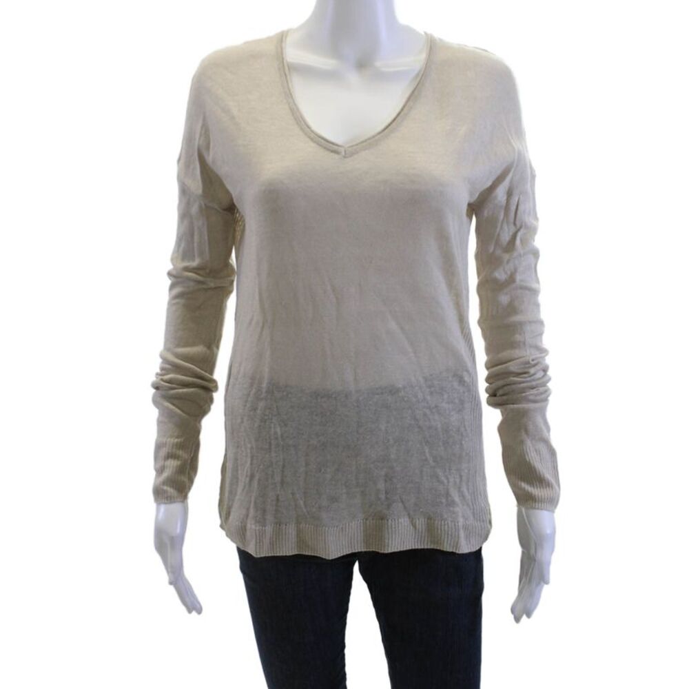 SWTR Womens Beige Linen V Neck Pullover Sweater Long Sleeve Size L